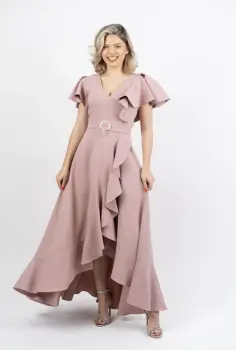 Rochie eleganta asimetrica roz pudra cu maneca scurta imagine