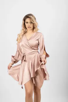 Rochie eleganta bej asimetrica in clos cu cordon reglabil si aspect petrecut imagine