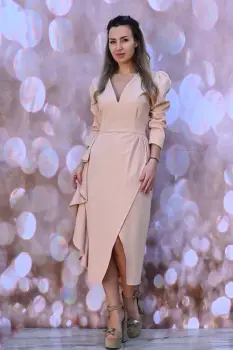 Rochie eleganta bej midi cu volane in laterale imagine