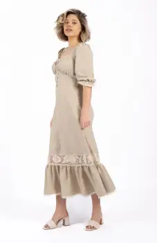 Rochie eleganta bej vaporoasa cu lungime midi imagine