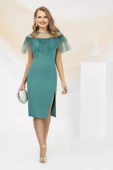 Rochie eleganta conica vernil cu perle si volane din tull in partea superioara imagine