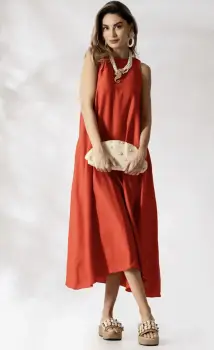 Rochie eleganta corai din vascoza cu buzunate laterale si croi in A imagine