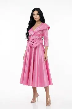 Rochie eleganta cu croi in clos din tafta de culoare roz prevazuta cu flori maxi imagine