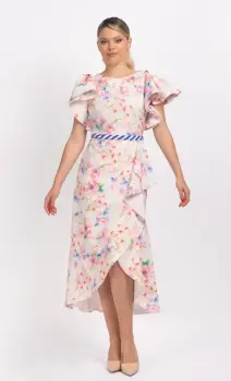 Rochie eleganta cu imprimeu floral asimetrica prevazuta cu volane si centura impletita imagine