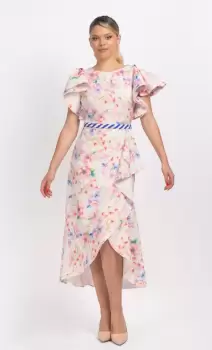 Rochie eleganta cu imprimeu floral asimetrica prevazuta cu volane si centura impletita imagine