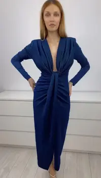 Rochie eleganta de culoare albastra cu sli pe picior imagine