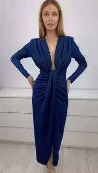 Rochie eleganta de culoare albastra cu sli pe picior imagine