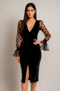 Rochie eleganta din catifea cu croiala conica slit pe picior si maneci din tull cu buline imagine