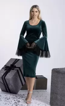 Rochie eleganta din catifea verde cu maneca clopot si terminatia din dantela Chantilly imagine