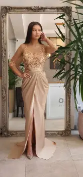Rochie eleganta din tafta bej cu broderie pretioasa si perle in partea superioara imagine