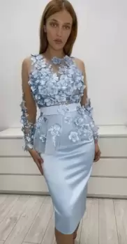 Rochie eleganta din tafta bleu cu broderie florala 3D imagine