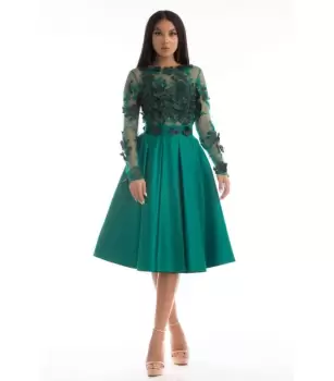 Rochie eleganta din tafta de culoare verde cu broderie florala 3D in partea superioara imagine