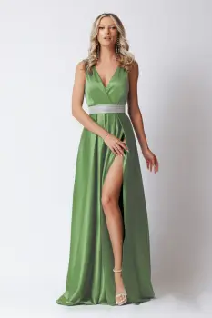 Rochie eleganta din tafta fistic cu slit pe picior si decolteu in V imagine