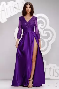 Rochie eleganta din tafta mov cu partea superioara din broderie imagine