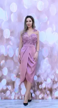 Rochie eleganta din tafta roz plamaniu cu pense in zona taliei imagine