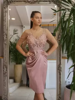 Rochie eleganta din tafta roz prafuit cu broderie pretioasa in pareta superioara imagine