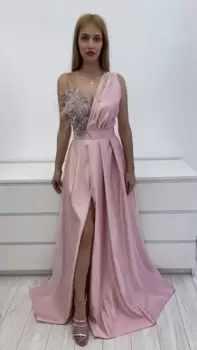 Rochie eleganta din tafta roz prafuit cu broderie si pene imagine
