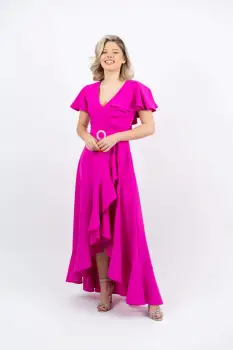 Rochie eleganta fucsia asimetrica cu volane si cordon detasabil imagine