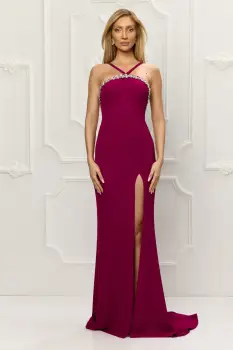 Rochie eleganta lunga cu slit pe picior si pietre la bust imagine