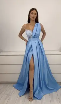 Rochie eleganta lunga din tafta bleu accesorizata cu broderie la bust imagine