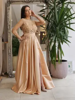 Rochie eleganta lunga din tafta cu broderie pretioasa si maneca imagine