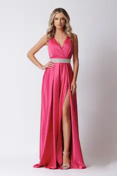 Rochie eleganta lunga din tafta cu slit pe picior si centura cu detalii imagine