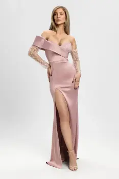 Rochie eleganta lunga din tafta roz prafuit si broderie pretioasa imagine