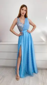 Rochie eleganta lunga din tull fin bleu cu perle imagine