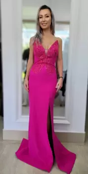 Rochie eleganta lunga fucsia cu broderie si perle imagine