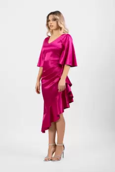 Rochie eleganta midi confectionata din tafta cu slit pe lateral si volane imagine