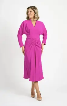 Rochie eleganta midi de culoare fucsia cu pense in zona taliei imagine