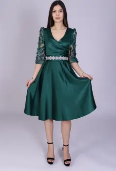 Rochie eleganta midi din tafta verde cu maneci din broderie florala imagine