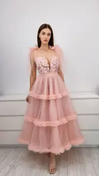 Rochie eleganta midi din tull cu volane si broderie cu perle imagine