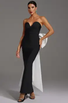 Rochie eleganta neagra accesorizata la spate cu funda maxi alba imagine