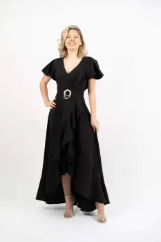 Rochie eleganta neagra asimetrica cu volane si slit imagine