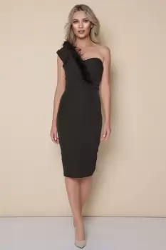 Rochie eleganta neagra conica accesorizata cu pene imagine