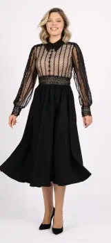Rochie eleganta neagra cu croi lejer in clos si partea superioara prevazuta cu dantela imagine