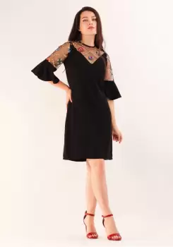 Rochie eleganta neagra cu croi lejer si broderie florala colorata imagine