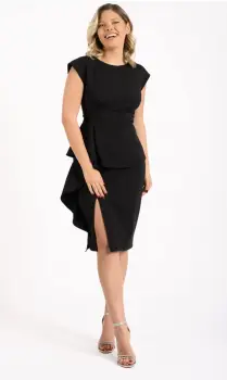Rochie eleganta neagra cu volan la talie si maneca scurta imagine