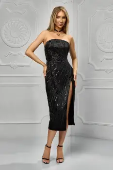 Rochie eleganta neagra din tafta cu slit pe picior si broderie imagine