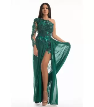 Rochie eleganta verde accesorizata cu broderie florala 3D aplicata manual imagine