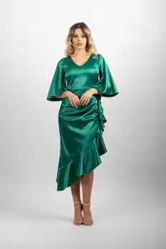 Rochie eleganta verde din material vaporos satinat imagine