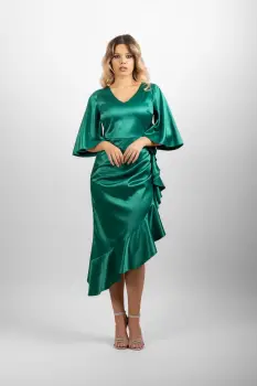Rochie eleganta verde din material vaporos satinat imagine