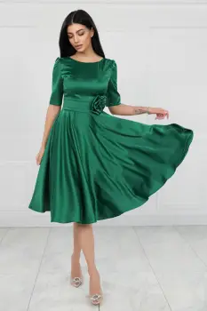 Rochie eleganta verde din tafta cu croiala in clos si buzunare laterale imagine