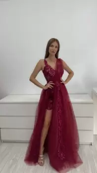 Rochie grena lunga de tull cu broderie pretioasa imagine