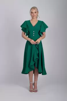 Rochie LaDonna verde cu volane si slit imagine