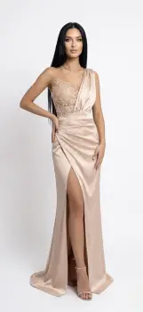 Rochie lunga bej cu slit pe picior si pense la talie imagine