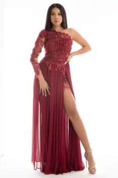 Rochie lunga de ocazie din voal cu partea superioara lucrata manual din broderie cu flori 3D imagine