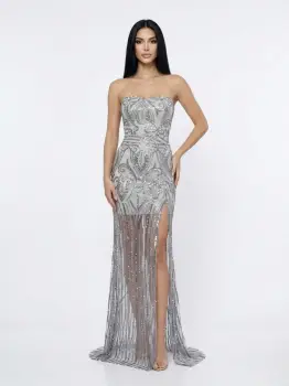 Rochie lunga din broderie gri cu slit pe picior si bust tip corset imagine