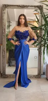 Rochie lunga din tafta albastra cu maneca si broderie florala 3D imagine